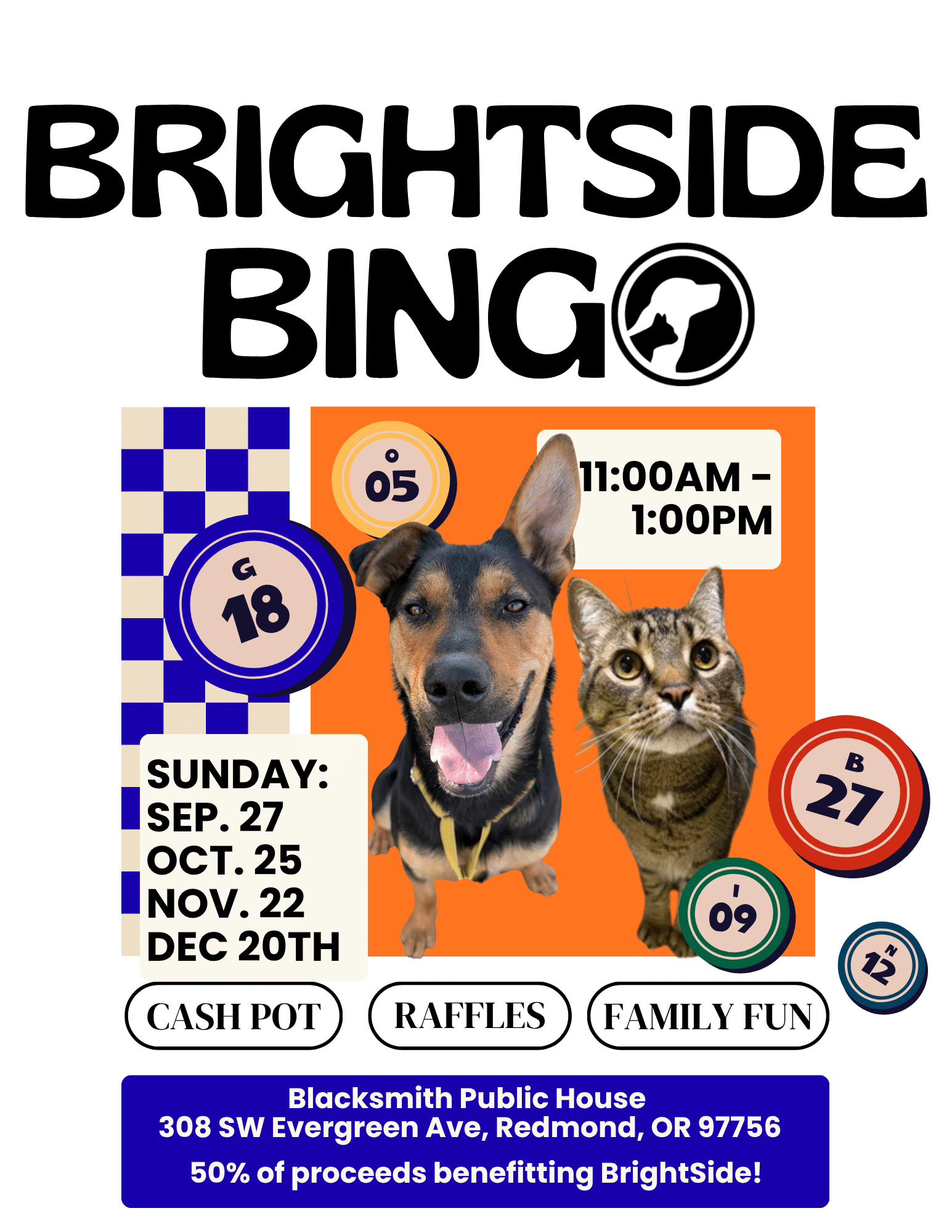 Event flyer for Brightside Bingo featuring a dog, a cat, bingo balls, and event details: dates, time, location, and note that 50% of proceeds benefit BrightSide.
